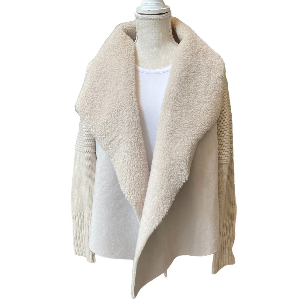 Grace Elements Ivory Faux-Fur and Faux Suede Open Front‎ Knit Cardigan Jacket
